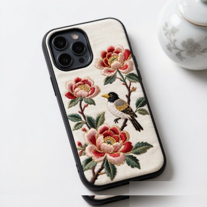 Oriental Embroidery Phone Case - Elegant Chinese embroidery-inspired phone case with floral and bird motifs
