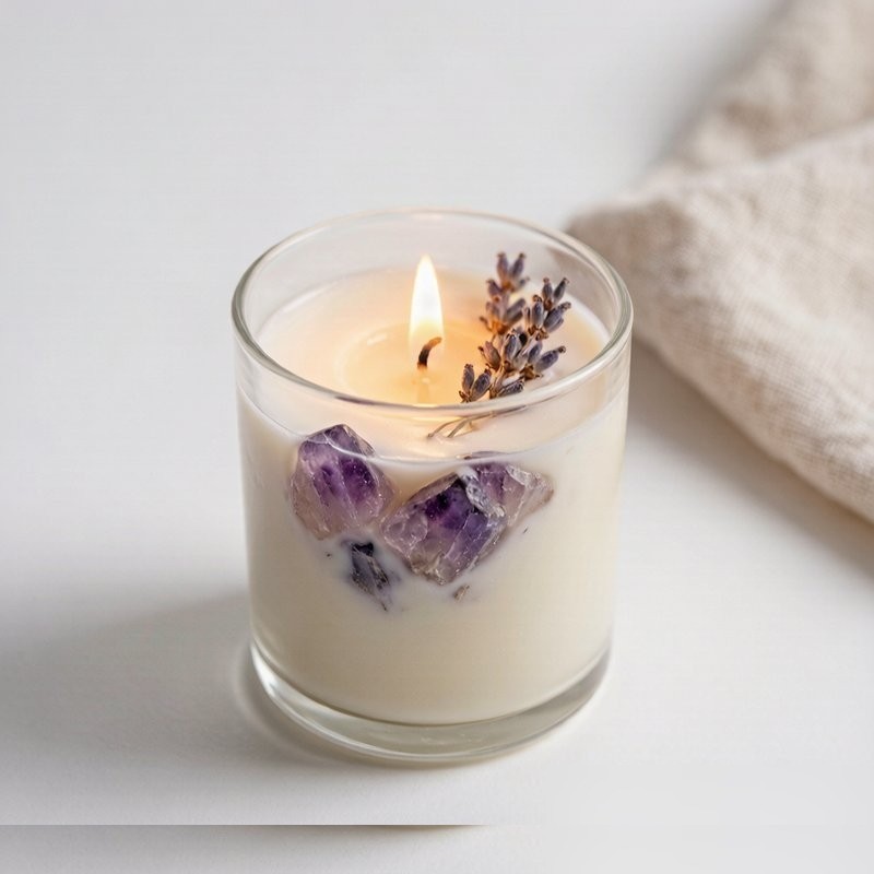 Botanical Crystal Candle - Hand-poured soy wax candle with embedded crystals and dried flowers