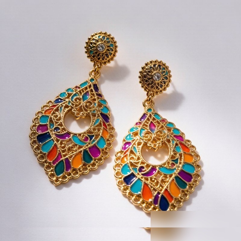 Bohemian Statement Earrings - Bold ethnic-inspired drop earrings with vibrant enamel and gold-plated brass