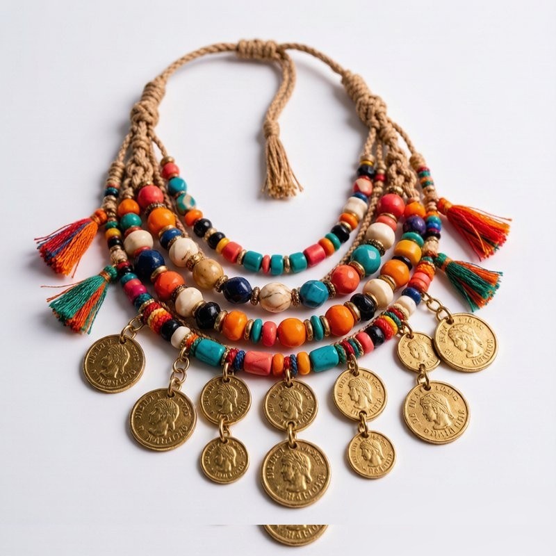 Tribal Layered Necklace - Multi-strand ethnic necklace with mixed beads, coins, and tassels