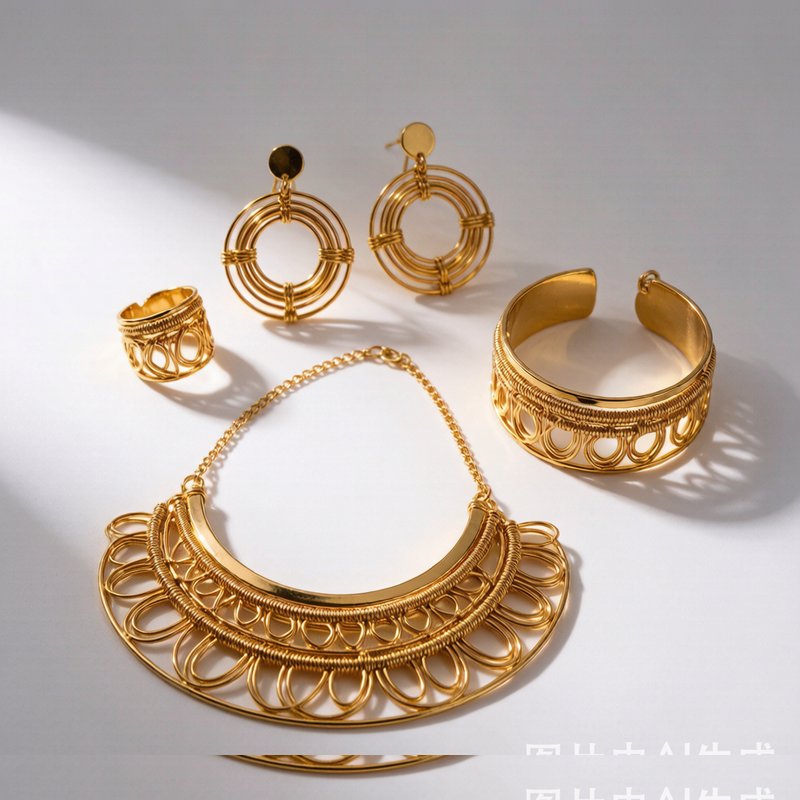 Tribal Wire Wrap Jewelry Set - Gold 4-piece tribal wire wrap choker, bangle, earrings and ring set