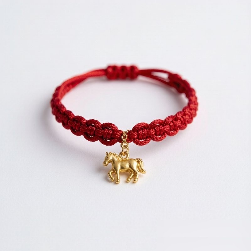 Year of the Horse Red Bracelet - Handwoven red string bracelet with gold horse charm for luck and protection